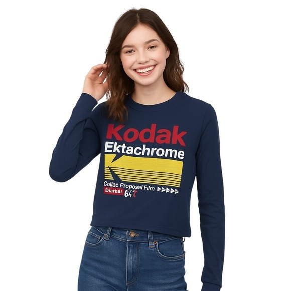 Kodak New Ektachrome Film Graphic Long Sleeve Tee XS Navy Retro Photography